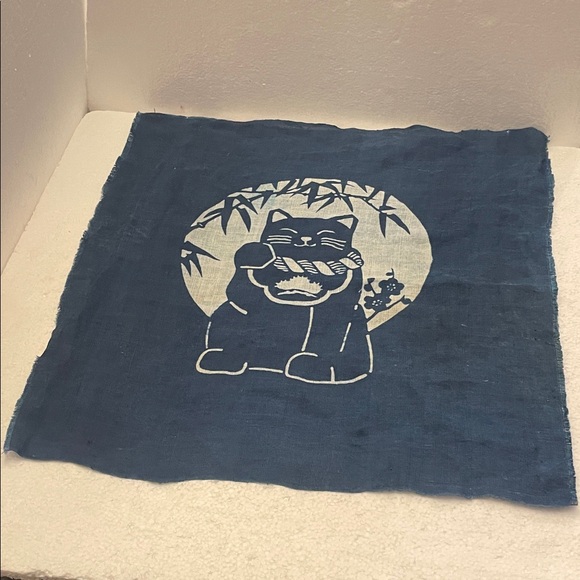 Y2K handcrafted Japanese Noren cat curtain doily cotton navy blue lucky charm - Picture 2 of 3